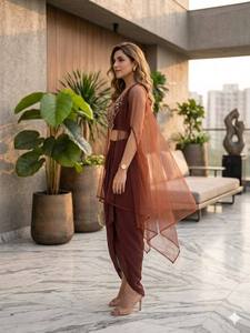 Luxury Women Indo Western Dhoti Saree Set in Georgette Fabric with Fancy Sequin Crop Top and Sheer <b>Cape</b> - Product Image 2