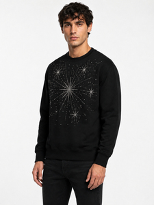 Sudadera de cuello redondo con pedrería para hombre, ajuste regular, tejido de punto, color negro liso, informal, para invierno, con bolsillo, ecológica, de secado rápido - Product Image 3