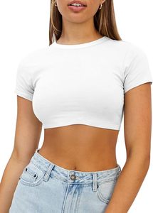 T-shirt court blanc pour femme, manches courtes, col rond, tricot uni, décontracté, respirant, coupe ajustée, printemps-été - Product Image 4