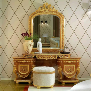 Elegant French Style Mahogany Dressing <b>Table</b> with <b>Mirror</b> Brown Gold Hand Carved Luxury <b>Vanity</b> Set for Villa Hotel Bedroom - Product Image 1