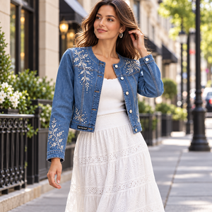 Veste en jean brodée florale pour femme, coupe courte, manches longues, style camionneur, décontractée printemps, prix de gros, conception personnalisée OEM - Product Image 5