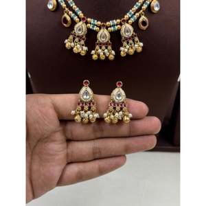 Indian Ethnic <b>Gold</b> Plated Bridal Necklace <b>Set</b> with Zircon Stones - Product Image 3