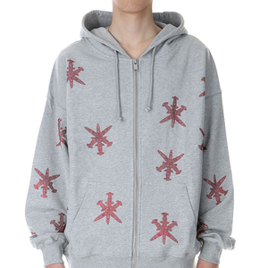 Conjunto Deportivo Unisex Gris con Capucha, Estampado de Estrella Roja, Cremallera Completa en las Mangas, Ropa Casual de Otoño, Transpirable, con Pedrería - Product Image 3
