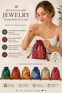 Pochette à cordon en soie recyclée faite à la main avec un travail Zari unique et un imprimé, sac Potli pour transporter des bijoux sans enchevêtrement et des cadeaux de retour - Product Image 5