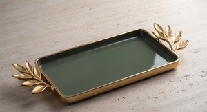 Premium Enamel Makeup <b>Vanity</b> <b>Tray</b> Decorative Perfume Organizer Gold Leaf Handle Rectangular Serving <b>Tray</b> For Home Kitchen Decor - Product Image 5