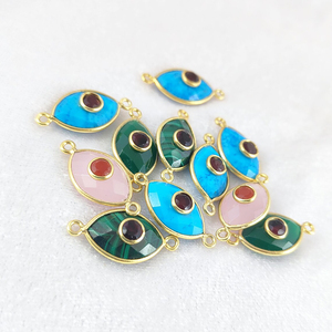 Conector de Plata 925 con Calcedonia Rosa y Ojo Turco – Conector de Pulsera con Gema Marquise Bañada en Oro - Product Image 3