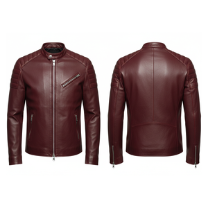 Veste de moto en cuir véritable pour homme, couleur vert-bleu foncé, col montant, épaules matelassées, style motard - Product Image 6