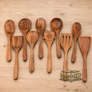 Ensemble d'ustensiles de cuisine en bois faits à la main, 10 pièces, cuillères et spatules de cuisson en teck de qualité supérieure, ustensiles de cuisson antiadhésifs, ensemble de service médiéval - Product Image 1