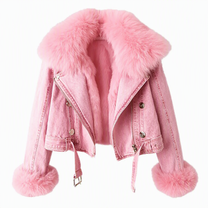 Veste de moto en jean rose avec col et poignets en fourrure, style court, chaude pour l'hiver, pour femme - Product Image 1