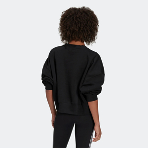 Relaxed Fit Yarn Dyed Ribbed Crewneck 100% Cotton <b>Fleece</b> Ribbed Cuffs Hem Midnight <b>Black</b> Crop Sweatshirt - Product Image 3