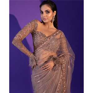 Sari de Noche de Diseñador para Fiestas con Trabajo de Lentejuelas - Product Image 1