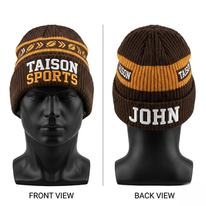 Mens Winter Rugby Beanie 300 GSM Soft Acrylic Rib Knit <b>Brown</b> Yellow Jacquard Stripe Embroidered Custom Logo - Product Image 6