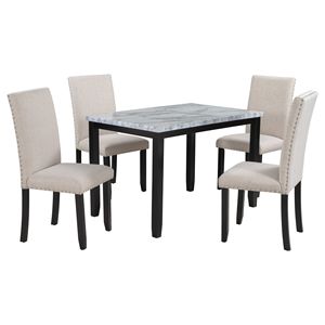 Set da Pranzo in Finto Marmo 5 Pezzi Bianco/Beige e Nero Include Tavolo con Cuscini Spessi e 4 Sedie per Arredamento Casa - Product Image 3