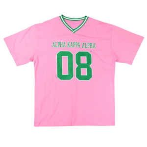 T-shirt rose oversize en jersey pour femme, col en V, style universitaire, manches courtes, décontracté, athlétique, style sororité grecque - Product Image 1