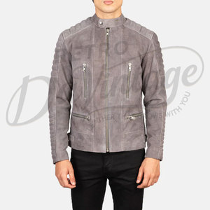 Chaqueta de motociclista Café Racer para hombre, de cuero genuino de gamuza gris, con hombros acolchados, corte ajustado, con cremallera, para motocicleta. - Product Image 3