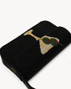 Handcrafted <b>Black</b> Beaded Shoulder <b>Bag</b> Martini Glass Cocktail Motif <b>Evening</b> Handbag Long Strap Women Wholesale Supplier - Product Image 4