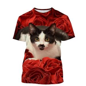 T-shirt décontracté d'été pour homme, imprimé 3D, col rond, manches courtes, grande taille, respirant, avec motif chat et fleurs, style naturel - Product Image 4