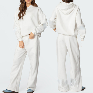 Conjunto Deportivo Informal para Mujer, Sudadera con Capucha Blanca, Pantalones Holgados de Longitud Completa, Color Sólido, Transpirable, de Algodón, para Otoño - Product Image 1