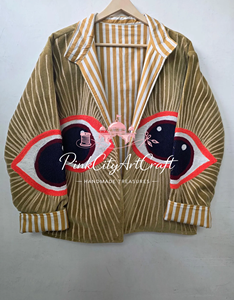 Chaqueta de Mujer de Terciopelo Verde Oliva Hecha a Mano con Parches de Ojo Turco y Bordado Dorado Estriado, Transpirable y Ecológica Acolchada - Product Image 4