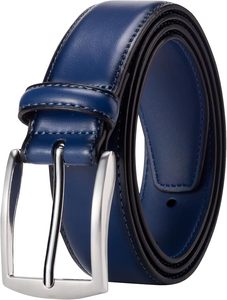 <b>Navy</b> Blue Cow Hide Leather <b>Belt</b> with Silver Rectangular Pin Buckle Formal Style - Product Image 5