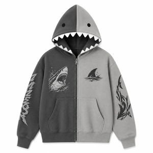 Sudadera con Capucha de Tiburón Adorable, Personalizable, Unisex, Talla Grande, con Cierre Frontal, Diseño de Animal de Dibujos Animados, Estilo Urbano, Gris, Forro Polar, 100% Algodón - Product Image 4