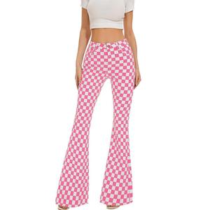 Pantalon évasé à carreaux rose et blanc pour femme, taille haute, coupe ample, décontracté, longueur intégrale, avec poches et fermeture boutonnée - Product Image 3