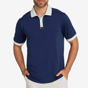 Chemise pour homme bleu marine avec col et poignets contrastants blancs, manches courtes, style décontracté, tricot piqué, polyester, séchage rapide, 220g, coupe classique - Product Image 5