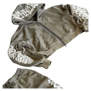 Custom Distressed Embroidery Applique Patch Zip-Up Terry Thermal Street Style 100% Cotton Autumn Hoodies Sweatpants Sets for <b>Men</b> - Product Image 3