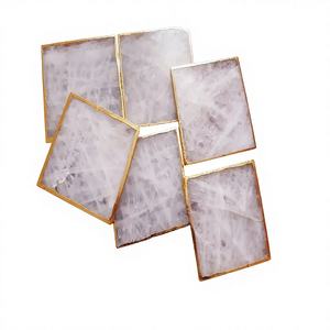 Rodajas de ágata de cuarzo rosa de alta calidad, precio al por mayor, posavasos de mesa chapado en oro, posavasos de piedras preciosas - Product Image 1