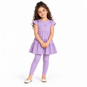 Girls Purple Tiered Tunic <b>Leggings</b> Set Heart Detail Regular Sleeve Kids Two Piece Summer Eco-Friendly Breathable Outfit - Product Image 1