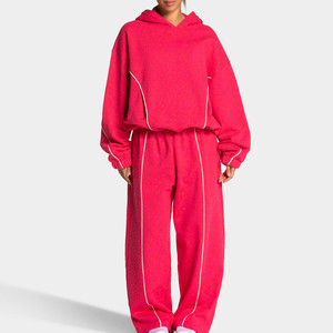 Custom Berry Red Leopard Print Oversized Contrast Pipping Women <b>Tracksuit</b> Pullover Contrast Lining Hoodie & Jogger For Women's - Product Image 1
