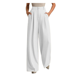 Pantalones de mujer de cintura alta, pierna ancha, largos, blancos, casuales, plisados, de ajuste holgado, de tela crepé, antiarrugas, con cierre de botones - Product Image 1