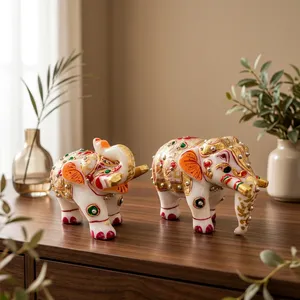 Ensemble de figurines d'éléphants en pierre de quartz blanc polie, fabriquées à la main, avec gaufrage doré, décoration d'intérieur - Product Image 5
