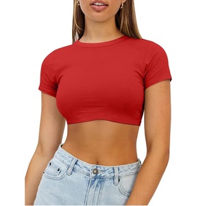 Women's <b>Red</b> <b>Crop</b> <b>Top</b> Short Sleeve Crew Neck Knitted Spandex Cotton Casual Summer T-Shirt Slim Fit Solid Color Breathable - Product Image 1