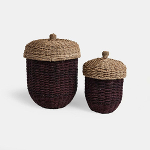 Ensemble de paniers de rangement contemporains ronds en jonc de mer, avec couvercle en forme de gland, faits à la main, pour articles divers et organisation de chambre d'enfant - Product Image 3
