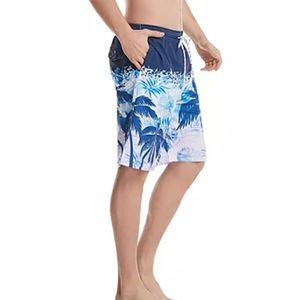Short de bain décontracté pour homme, imprimé palmiers bleus, séchage rapide, taille à cordon de serrage, longueur Bermuda, taille mi-haute, en polyester tissé - Product Image 2