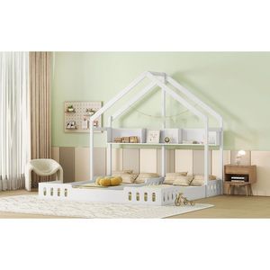Letto a piattaforma in legno bianco crema per bambini, due letti condivisi con pratici ripiani e sponda di protezione - Product Image 6