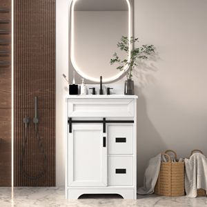 Mobile bagno da 24 pollici con lavabo singolo, stile rustico, con video, da incasso sotto il mobile e ante scorrevoli a granaio - Product Image 1