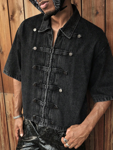 2. Camisa de mezclilla de doble botonadura para hombre, estilo Frog Button, negra lavada, manga corta B - Product Image 3