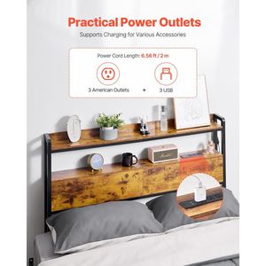 Cabecero de estación de carga de luz LED de altura ajustable, 2 estantes para cama de tamaño completo, fácil montaje, muebles de dormitorio marrón - Product Image 2