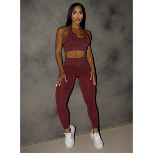 Ensemble 2 pièces de leggings froncés taille haute et soutien-gorge pour femme, couleur unie, effet délavé, pour entraînement et yoga, prix usine personnalisé, OEM Plum - Product Image 3