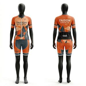 Tenue de cyclisme pour femmes, tissu polyester spandex premium 180 GSM, design géométrique orange et noir, logo personnalisé par sublimation - Product Image 1