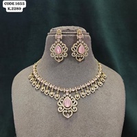 Ensemble collier et boucles d'oreilles élégant en zircon rose pastel avec accents AD, forme goutte royale, ethnique, pour mariage, fiançailles et soirée, pour femme