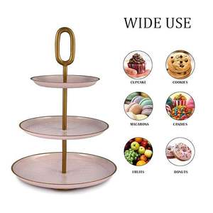 Support à gâteau en céramique de luxe à 3 niveaux avec bordure dorée et poignée de transport, élégant présentoir à desserts multi-étages à prix avantageux - Product Image 4