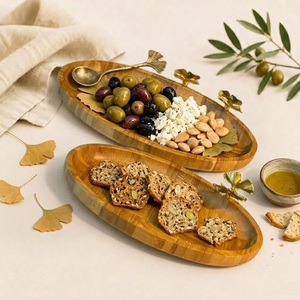 Premium Handcrafted Oval Wooden Serving Tray Eco-Friendly Checkered <b>Bamboo</b> Platter For Appetizers Snacks And Home Decoration - Product Image 2