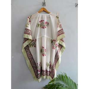 Túnica Kaftán de Algodón Hecha a Mano con Estampado de Bloques, Estilo Boho, para Playa, Manga Murciélago, Cuello en V, Corte Regular, para Vacaciones de Verano - Product Image 5