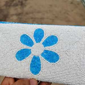 Bolso de Mano Rectangular de Algodón Hecho a Mano, con Bordado Floral Azul y Cuentas, Bolso Tipo Clutch de Textil Blanco con Cierre de Cremallera para Fiestas - Product Image 5