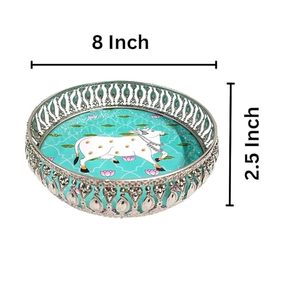 Plateau Pichwai élégant en métal poli Sanvatsar avec pot Diya, motif de Noël personnalisable - Product Image 1