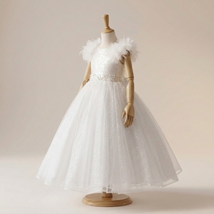Elegant White Satin Flower Girl Dress with Puff Sleeves and <b>Glitter</b> Tulle <b>Skirt</b> for Wedding First Communion - Product Image 3
