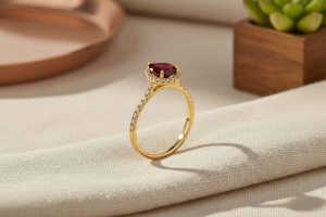 Bague Halo en Or Massif 14K avec Pierre Précieuse Grenat Rouge Poire Moissanite, Bijou Classique de Fiançailles, Cadeau Idéal pour les Couples - Product Image 5